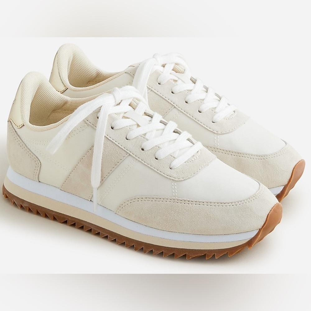 J. Crew trainer sneakers in neutral tan with metallic gold accent. Size 8**